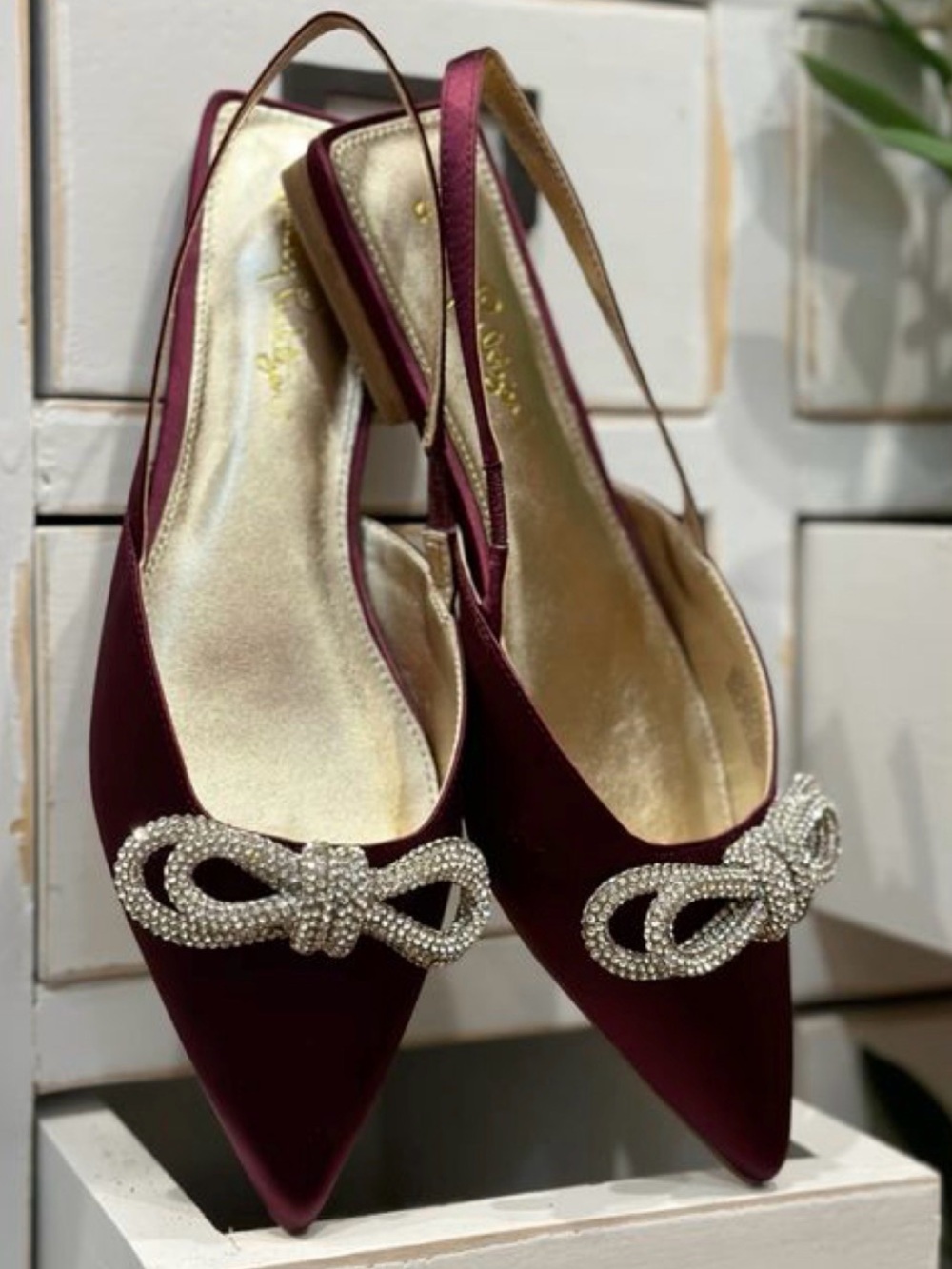 Lilly Pulitzer Burgundy Satin Pointed-Toe Slingbacks with Crystal Knot